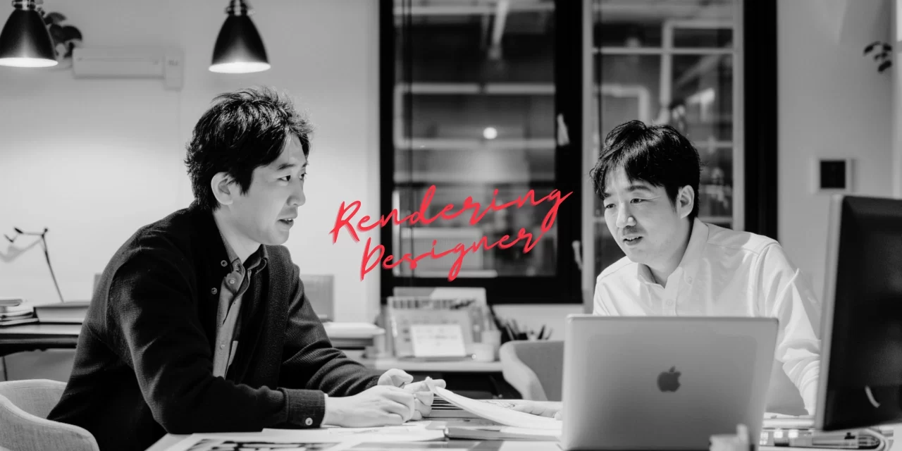 イルミネーションの完成イメージについて、説明用パースを確認しながら内容をすり合わせる制作打ち合わせの様子