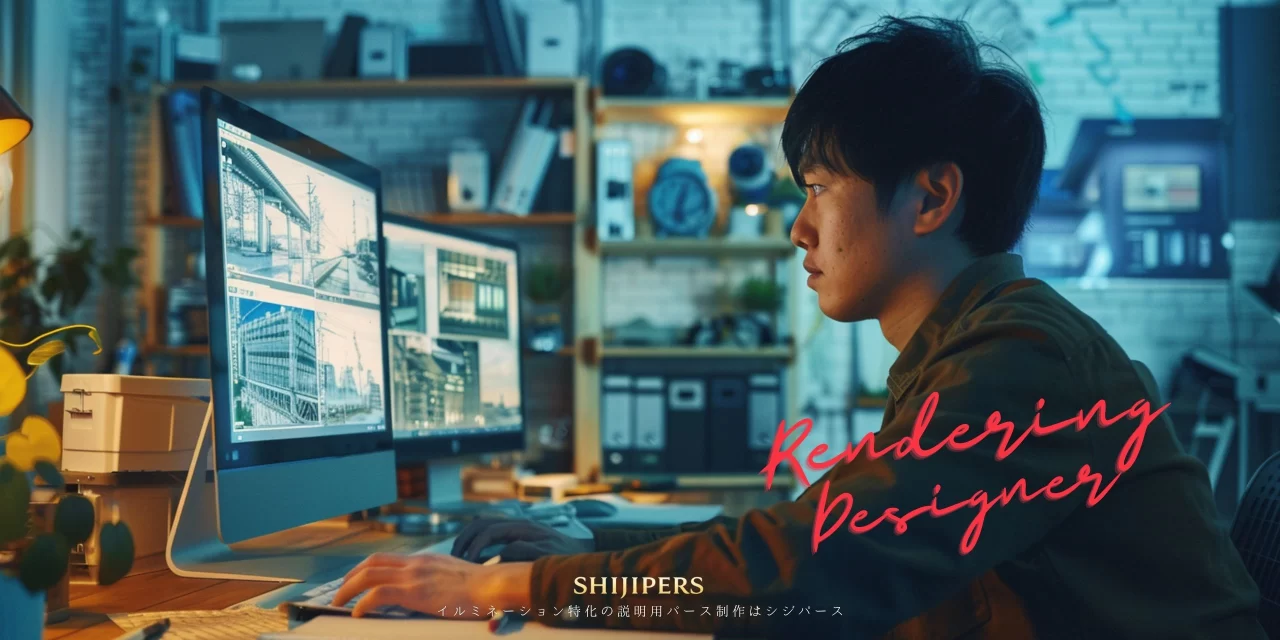 イルミネーションの説明用パースを制作するレンダリングデザイナーが、昼の現地写真をもとに完成イメージを作成している様子