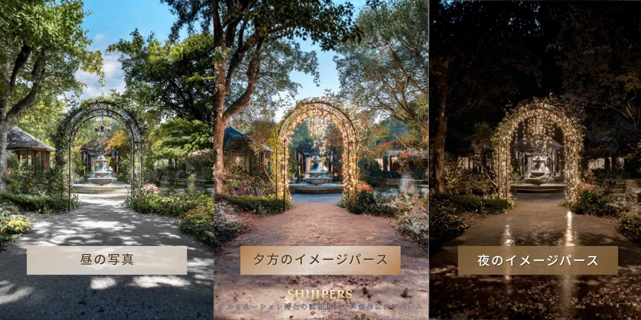 ガーデン空間における昼・夕・夜のアーチイルミネーション演出の違いを示す説明用パース