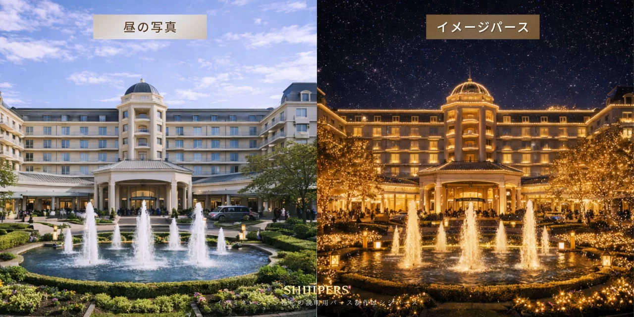 ホテル外構の昼の写真をもとに作成した、夜間イルミネーションの説明用パース