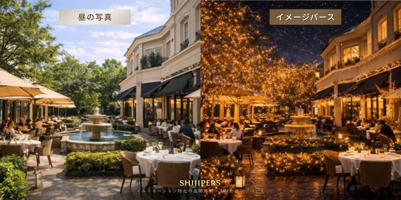レストランの屋外空間における飲食店用イルミネーション演出を示した説明用イメージパース