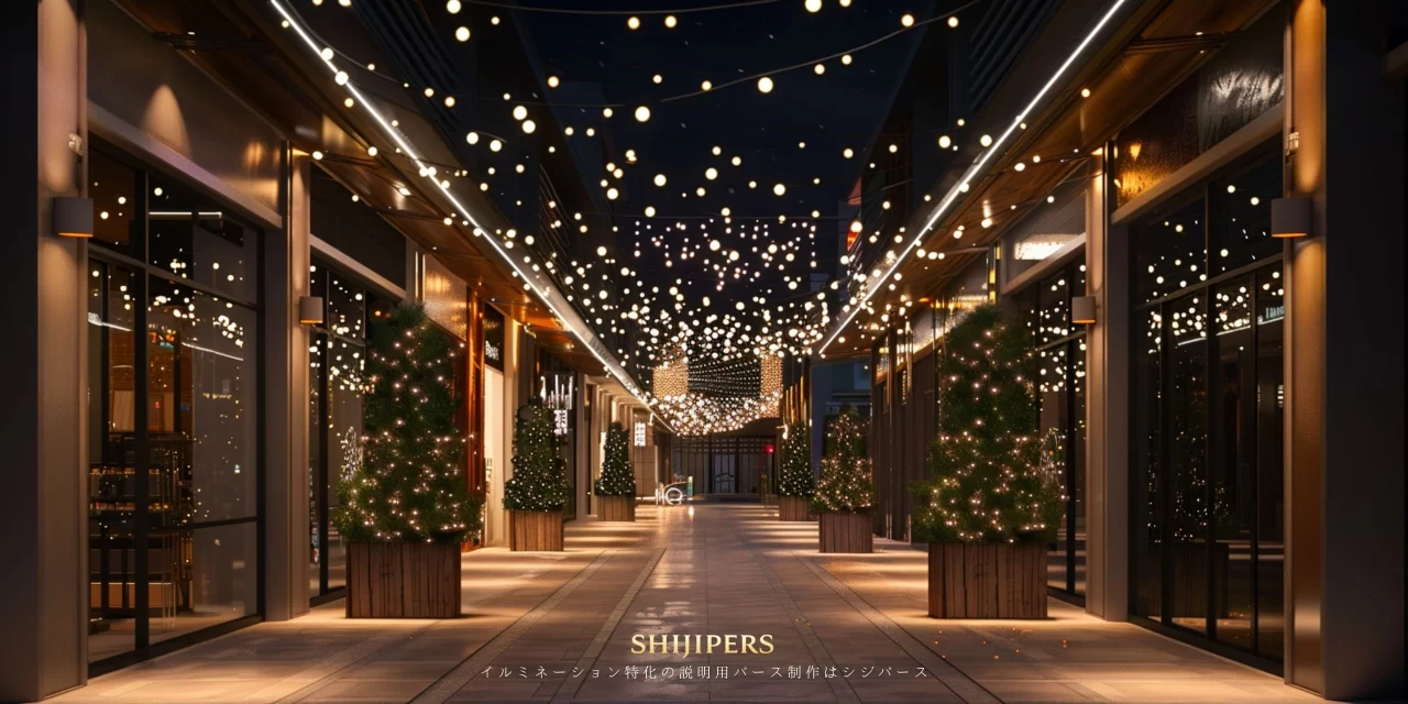 商業施設の屋内通路にイルミネーションを設置した夜間の完成イメージを可視化した説明用パース