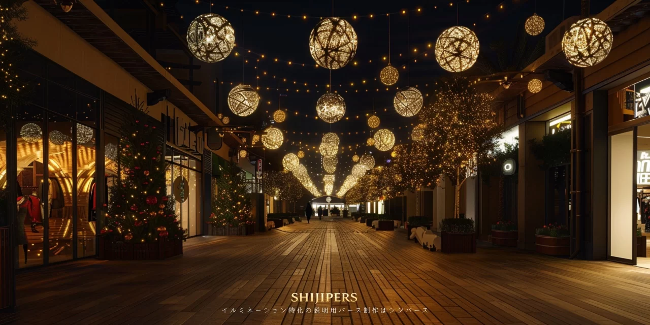 商業施設の屋外通路に球体イルミネーションを設置した夜間の完成イメージを示す説明用パース