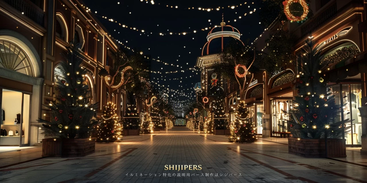 商業施設の通路空間にイルミネーションを設置した夜間の説明用イメージパース。街路全体の光量と装飾配置を可視化
