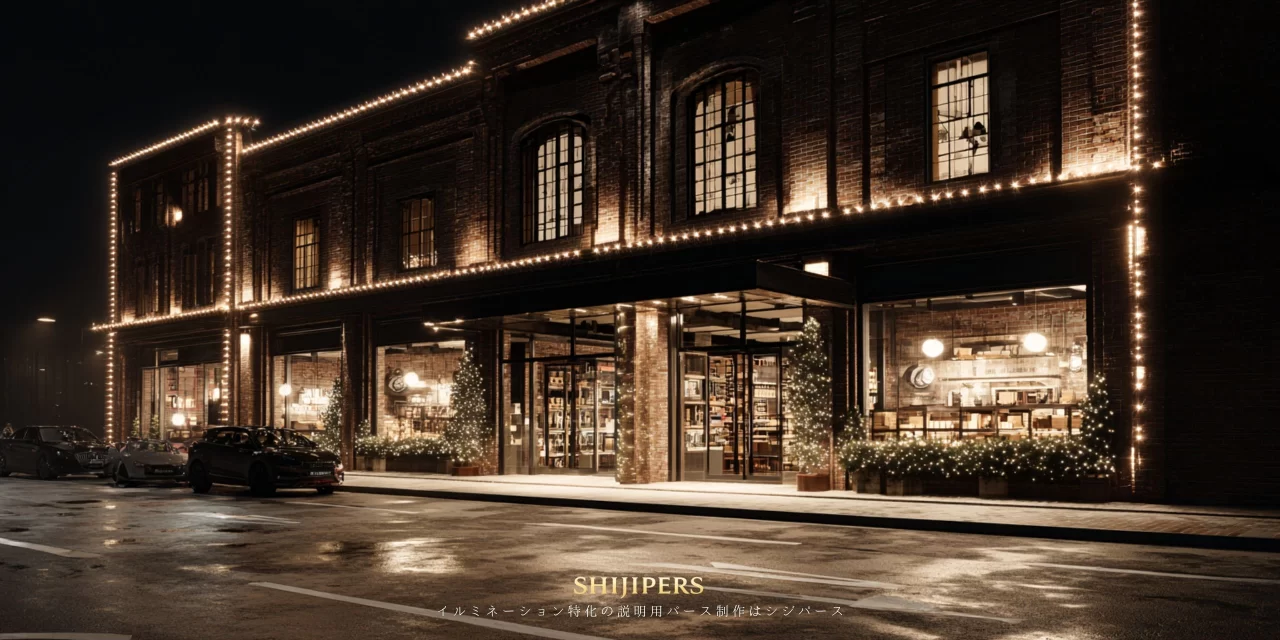 夜間の雑貨店外観に単色のイルミネーションを設置した説明用イメージパース。建物外周と入口周辺の照明配置を現実的に可視化