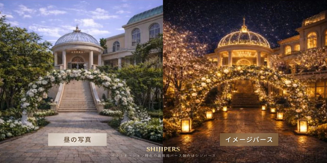 昼の結婚式場の現地写真をもとに作成した、イルミネーション完成イメージの説明用パース